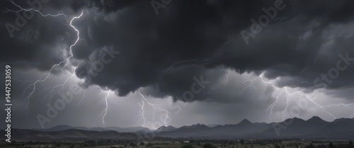 Heavy, bruised grey clouds roiling, jagged lightning flashes ,  stormy weather,  tempest