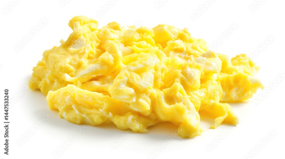 A plate of delicious scrambled eggs presented in an isolated manner on a pure white background. The soft and fluffy texture of the scrambled eggs makes them extremely appealing, and this image is suit A plate of delicious scrambled eggs presented in an isolated manner on a pure white background. The soft and fluffy texture of the scrambled eggs makes them extremely appealing, and this image is suit