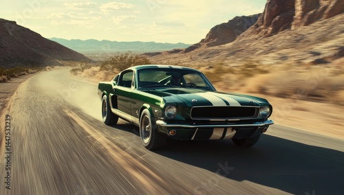 Green classic car speeding down a desert road.  Vast landscape of mountains and scrub surround it