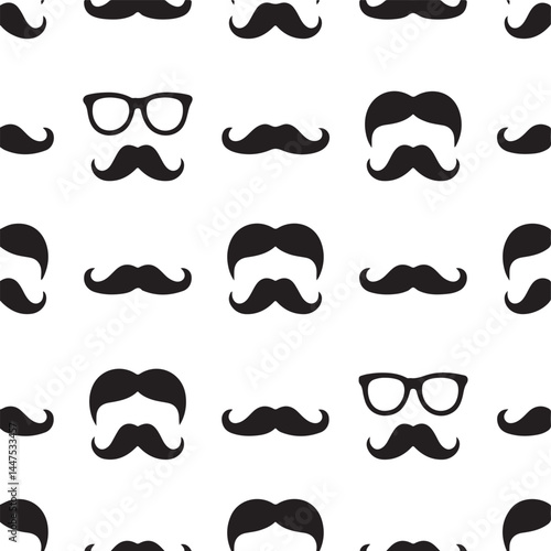 Fun, Repeating Pattern of Mustaches and Beards on Background