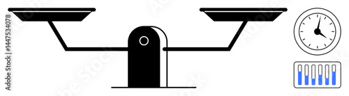 Traditional balance scale with two plates, round clock displaying time, and horizontal progress bar. Ideal for time management, efficiency, decision-making, fairness, comparison, balance simple