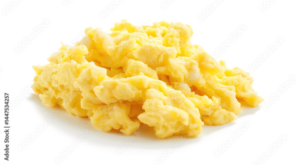 A plate of delicious scrambled eggs presented in an isolated manner on a pure white background. The soft and fluffy texture of the scrambled eggs makes them extremely appealing, and this image is suit A plate of delicious scrambled eggs presented in an isolated manner on a pure white background. The soft and fluffy texture of the scrambled eggs makes them extremely appealing, and this image is suit