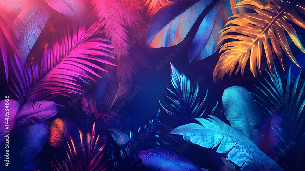 Fototapeta premium Neon tropical leaves in night jungle with copy space in center.