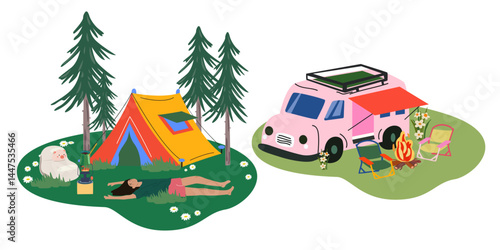 Summer travel. Camping and nature retreat compositions in retro cartoon style. Nature outdoor adventure vector illustration. Tent, lake, travel car, forest, barbecue, campfire