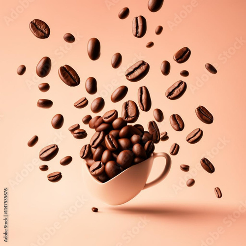  Coffee beans falling into a cup of coffee on a peach background