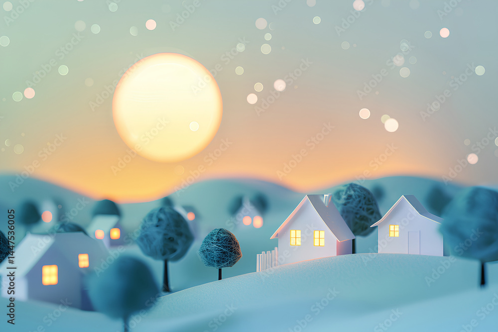 Obraz premium パステルカラーの美しい夜の山並みと家々と大きなお月様