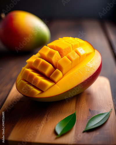 A halved mango with juicy flesh visible