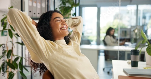 Foto Business, woman and happy with stretching for done, finish job or deadline target at publishing company