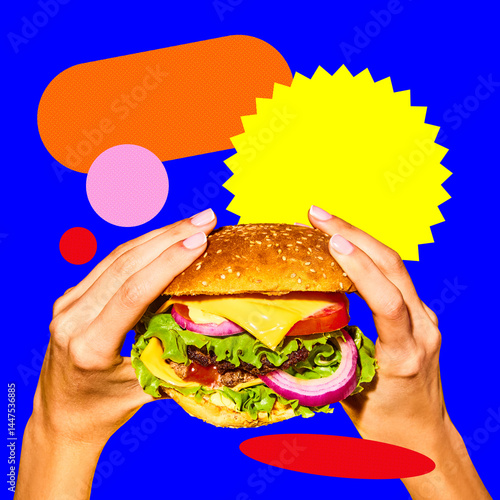 Two hands holding delicious burger with cheese, lettuce, tomato over blue background with abstract circles and cutouts. Concept of food, pop art, poster, ads. Contemporary art collage.