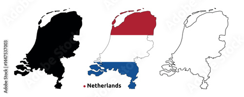 Netherlands Map Vector - Country Outline, Flag Inside Map, Blank and Silhouette Version
