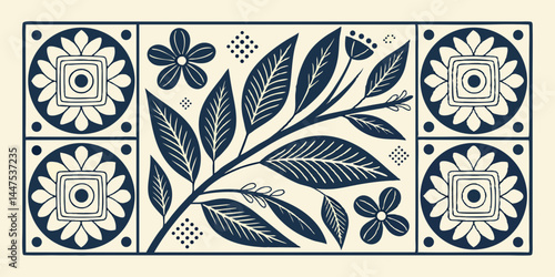 Blue floral seamless pattern illustration. Vintage style flower frame background design. Geometric natural wallpaper print, spring season nature backdrop texture with flowers.