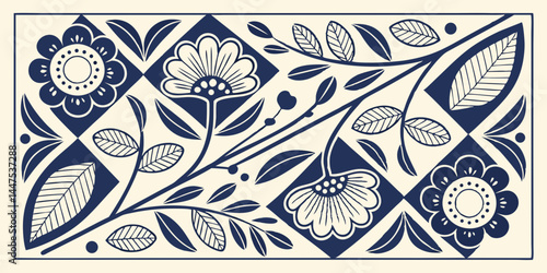 Blue floral seamless pattern illustration. Vintage style flower frame background design. Geometric natural wallpaper print, spring season nature backdrop texture with flowers.