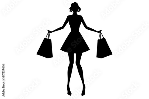 Silhouette of a woman with shopping bags on white background design, woman, silhouette, shopping bags, dress, short dress, fashion, female, vector, illustration, shopping, style, consumer, retail
