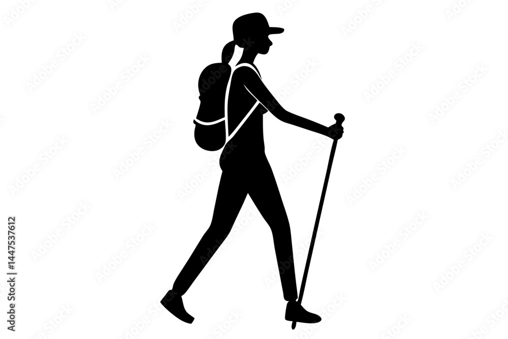 Fototapeta premium Black silhouette design on white woman hiking wearing a cap and long sleeved top, silhouette, woman, hiking, trekking, outdoors, adventure, nature, active, lifestyle, cap, hat, long sleeved, top