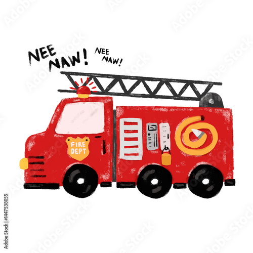 cute red fire truck engine department vehicles cars community transportation crayon kids doodle watercolour illustration clipart png cutout transparent sticker nursery with sound text word