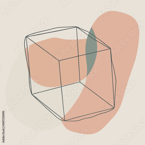 Abstract geometric arrangement of a wireframe cube with organic shapes and soft neutral tones.