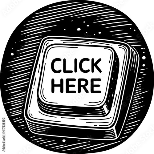 Stylized graphic of a computer key with the words 'Click Here' in bold type on a white button.