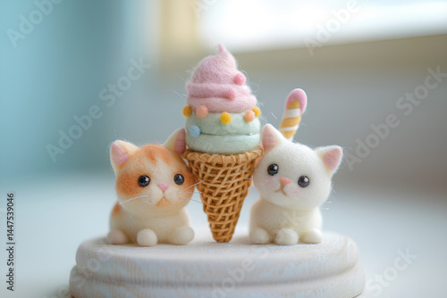 フェルトでできた可愛い子猫とソフトクリーム（3D）