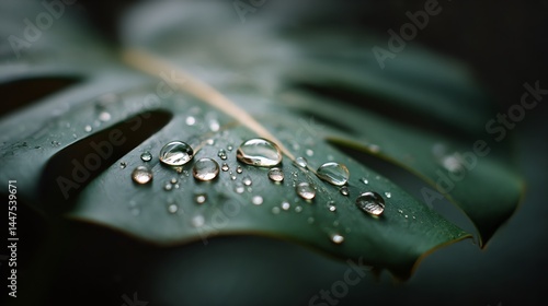 Macro shot of water droplets on a lush green monstera leaf providing freshness
