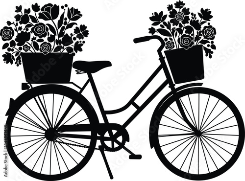 Black and White Bicycle Silhouette with Flower Basket