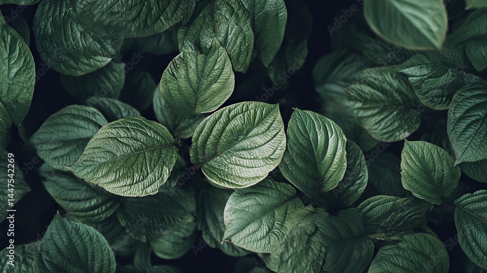 Fototapeta premium Close-up top view of green plants with numerous leaves on a green leaves background, featuring dark green background with lush foliage of grasses and ferns, showing intricate details of plant life.
