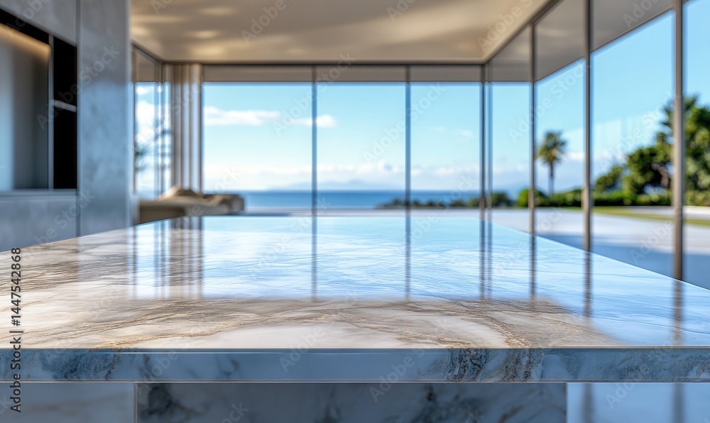 Obraz premium Modern interior kitchen countertop, ocean view