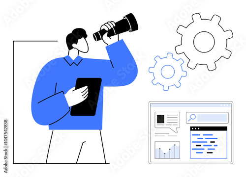 Man holding tablet and looking through a telescope near gears and a data chart interface. Ideal for strategy, vision, planning, innovation, productivity, process, basic web pages, simple landing page