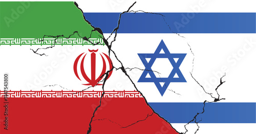 Israeli and Iran flags on a cracked surface, Iran and Israel conflict concept, crisis, war, attack.
