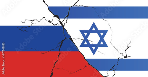 Israeli and russia flags on a cracked surface, russia and Israel conflict concept, crisis, war, attack.