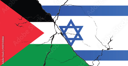 Israeli and palestine flags on a cracked surface, palestine and Israel conflict concept, crisis, war, attack.