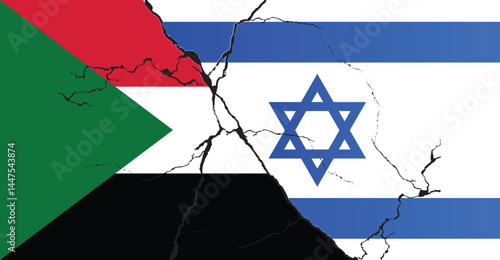 Israel and Sudan flags on a cracked surface, Sudan and Israel conflict concept, crisis, war, attack.