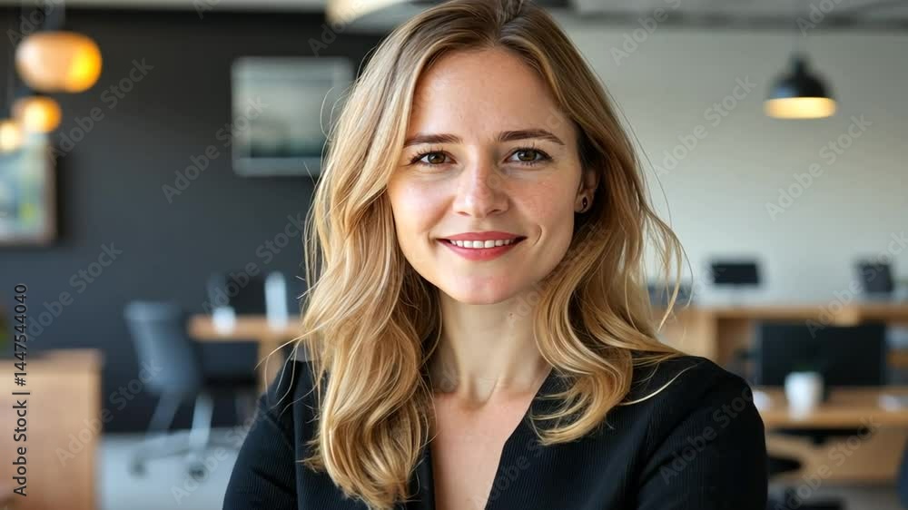 Confident businesswoman standing in modern office, portrait shoot video Confident businesswoman standing in modern office, portrait shoot video