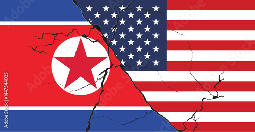 USA and North Korea flags on a cracked surface, North Korea and USA conflict concept, crisis, war, attack.