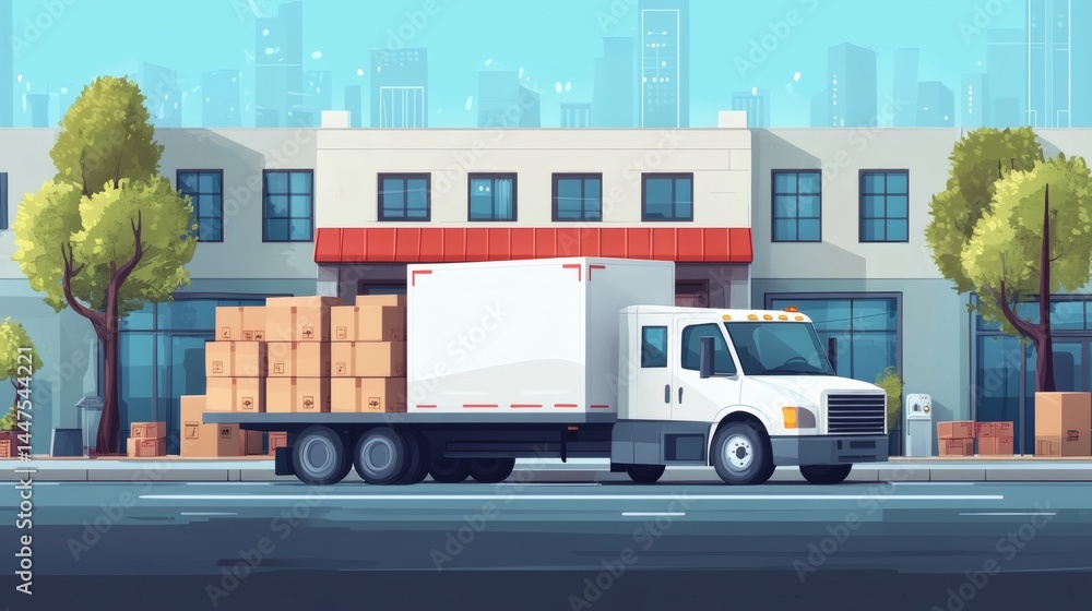 Delivery truck loaded with cardboard boxes parked outside a city building. Delivery truck loaded with cardboard boxes parked outside a city building.