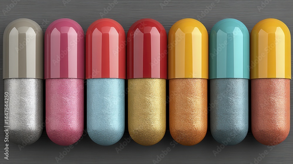 Top view of multiple capsules in a row, clean and organized - pharmaceutical design pills studio Top view of multiple capsules in a row, clean and organized - pharmaceutical design pills studio