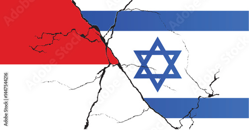 Israeli and Indonesia flags on a cracked surface, Indonesia and Israel conflict concept, crisis, war, attack.