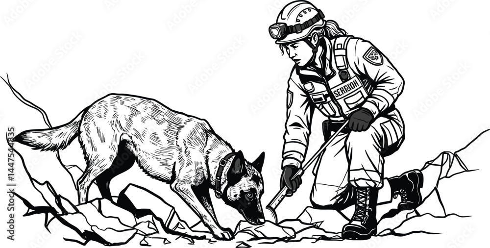 Fototapeta premium Search and Rescue Dog Team in Disaster Rubble