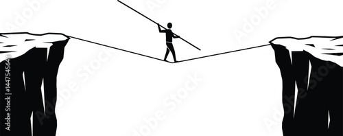 Tightrope Walker Between Cliffs - Risk and Focus