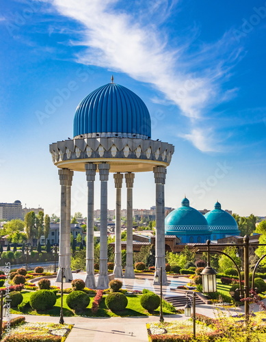 Parks of Tashkent. Spring landscape of a public park. Uzbekistan.