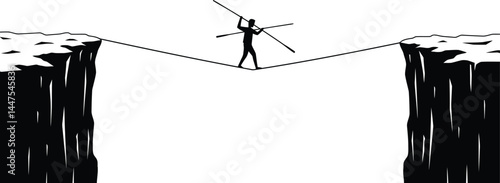 Tightrope Walker Between Cliffs - Risk and Focus