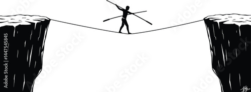 Tightrope Walker Between Cliffs, Risk and Focus