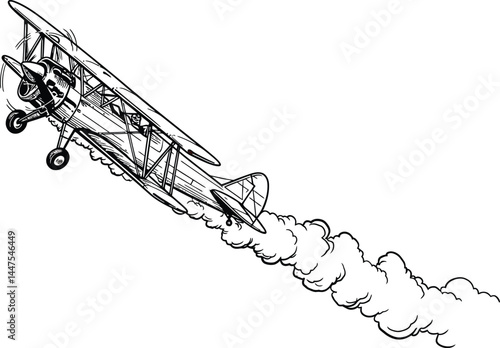 Vintage Biplane Air Show Stunt, Black and White Vector