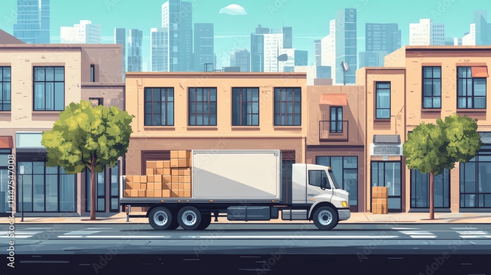 Delivery truck on city street with buildings and boxes. Delivery truck on city street with buildings and boxes.