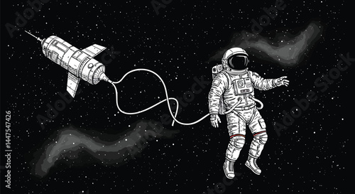 Astronaut Tethered to Spacecraft, Vector Illustration