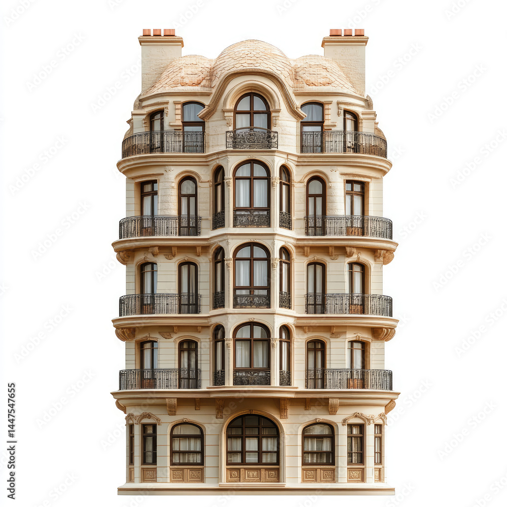 Fototapeta premium Multi-story building with ornate details, multiple balconies, arched windows, and a light beige facade