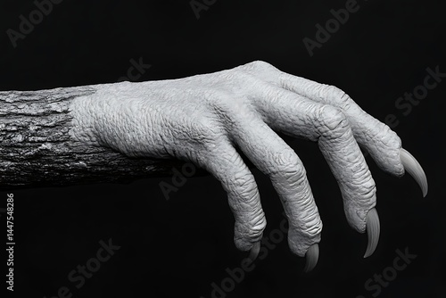 A monochrome, clawed hand emerges from wood, fingers extended with sharp nails on a black backdrop