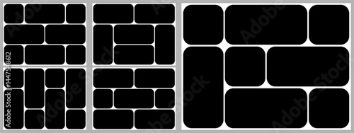 Collage grid mosaic template. Photo bento box layout. Brutalist shape post design, Image poster montage board. Abstract brochure rounded square circle gallery. Vector modular album geometric page