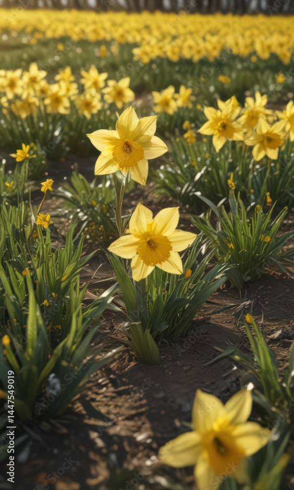 Obraz premium Glistening daffodil petals, sunny field, intense yellow blooms , sunshine, bloom, landscape