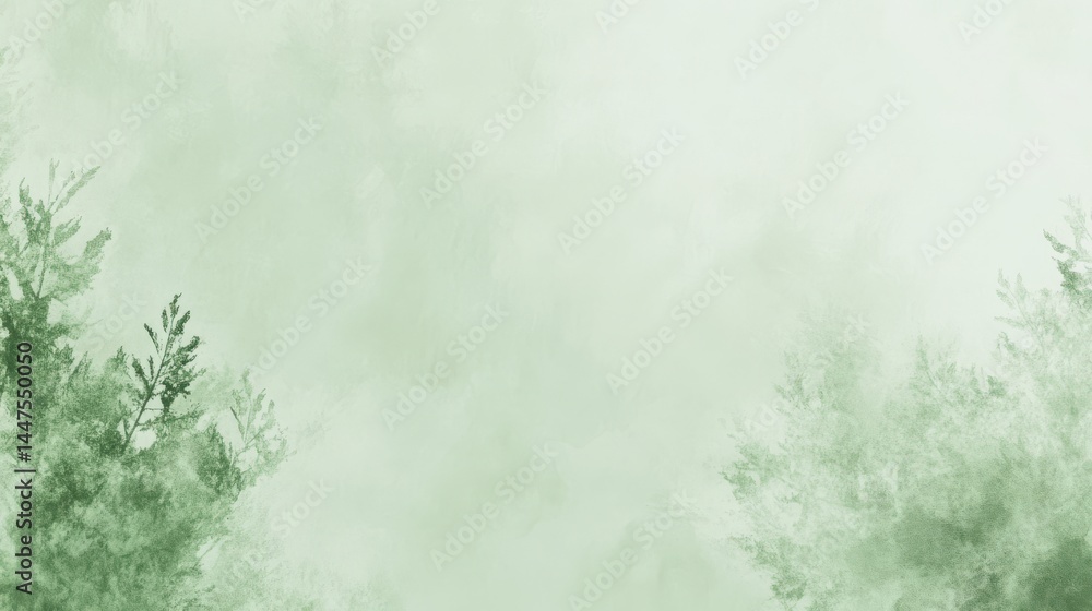 Green forest background with soft mist and gentle foliage Green forest background with soft mist and gentle foliage