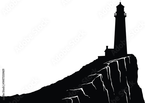 Black and White Lighthouse Silhouette on Cliff
